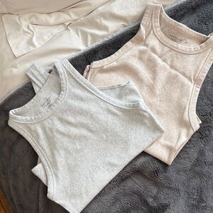 American Eagle Outfitters Ribbed Tank Bodysuits in Gray/Cream Size M